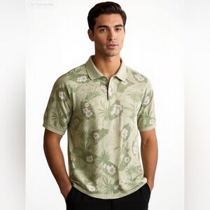 Chaps Green Tropical Floral Polo Shirt Men’s Large Hawaiian Spring Resort Cotton